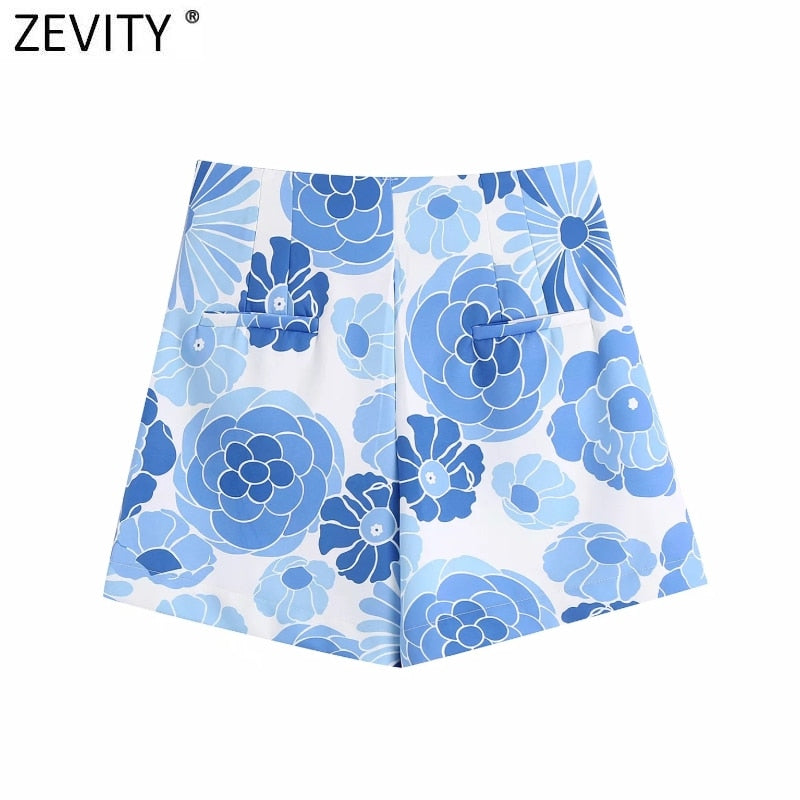 Blue Floral Print Shorts