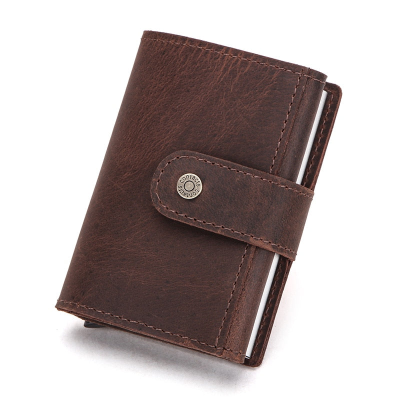 CONTACT'S Crazy Horse Leather Card Holder Wallet Men Automatic Pop Up ID Card Case Male Coin Purse Aluminium Box RFID Blocking