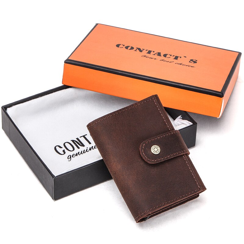 CONTACT'S Crazy Horse Leather Card Holder Wallet Men Automatic Pop Up ID Card Case Male Coin Purse Aluminium Box RFID Blocking