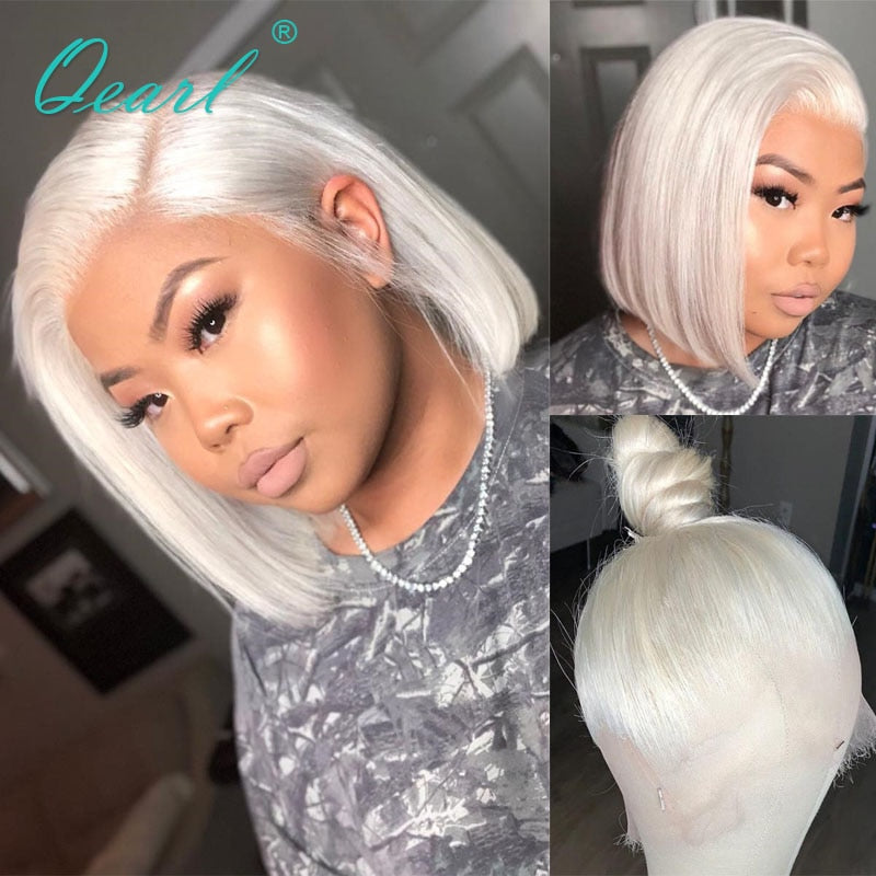 Short Bob Straight Human Hair Wig White Blonde Lace Frontal Wig for Women Ash Colored Virgin Hair 150% Lace Front Wig 13x1 Qearl