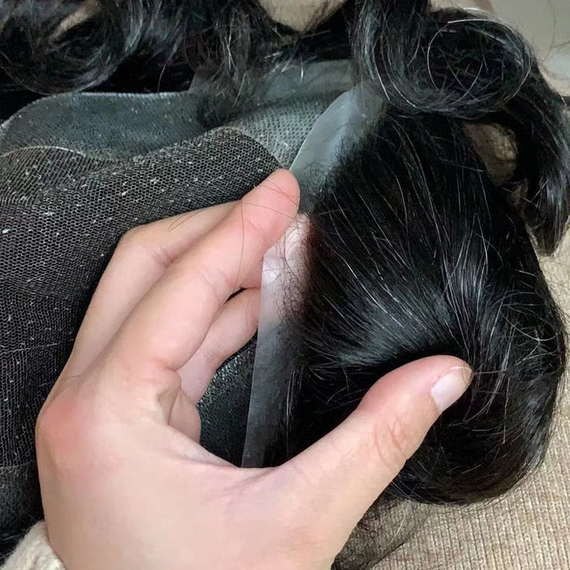 Man Toupee Human Hair Wigs Lace PU Human Hair System Unit Men Wig Hairpiece 30mm Wave Straight Indian Human Hair Natural Color