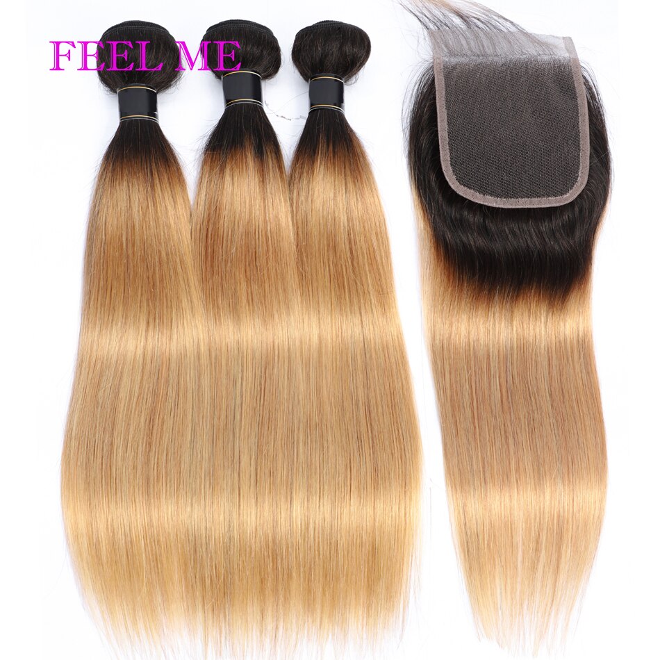 FeelMe 3/4PCS Ombre Bundles With Closure Brazilian Straight Human Hair Bundles With Closure T1b/27 Remy Hair Weave Extensions