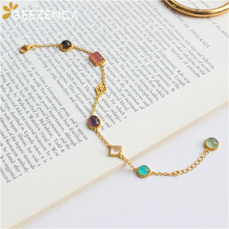 Trendy 925 Sterling Silver Naturanl Gemstone Crystal Women's Bracelet Fine Jewelry Elegant Geometric Gold-plated Bracelets Gift