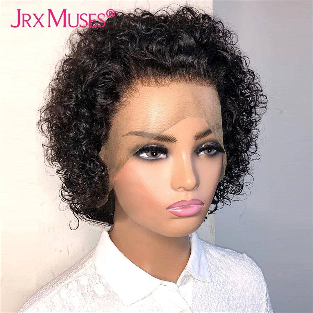 Pixie Cut Wig Human Hair Brazilian Short Curly Bob Human Hair Wigs Transparent Lace Wigs for Women Cheap Glueless Black Color