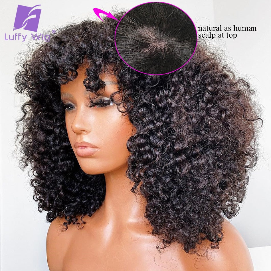 200 Density Human Hair Wigs With Bangs Short Brazilian Remy Afro Kinky Curly Wig Human Hair Glueless For Black Women Luffy