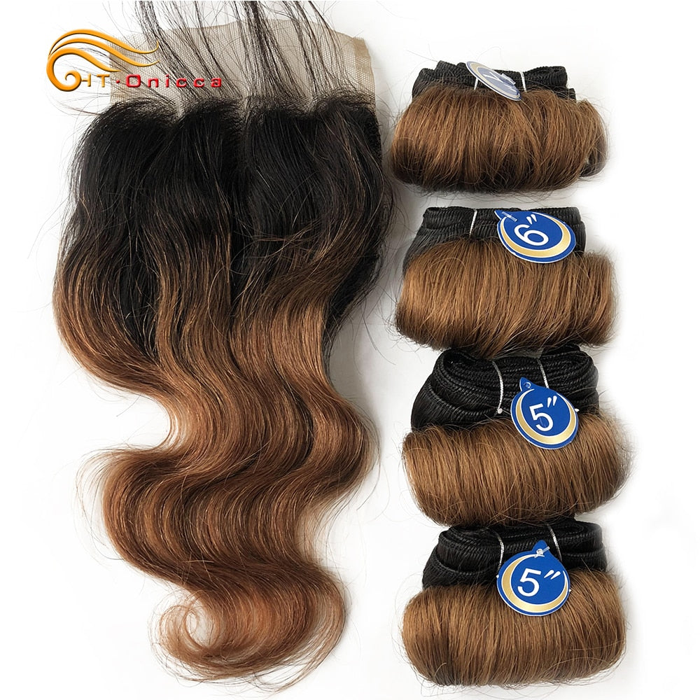 Htonicca Hair Extensions 8” Short Bob Style Body Wave Ombre 1B/27/30 Remy Human Hair Bundles Honey Blonde Brazilian Hair Weave