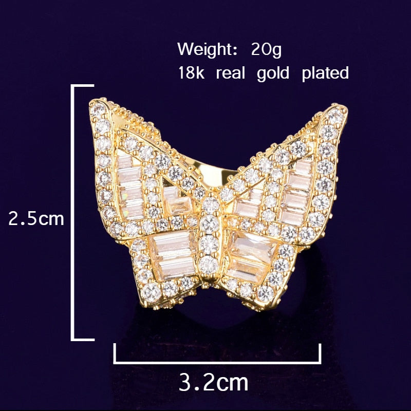 Bubble Letter Butterfly Rings for Women Iced Out Real Gold Plated Hip Hop Jewelry 2022 Trend