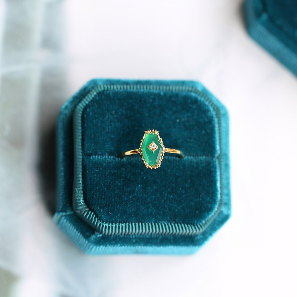 LAMOON 925 Sterling Silver Ring For Women Elegant Vintage Rhombus Green Chalcedony 14K Gold Plated Fine Jewelry LMRI088
