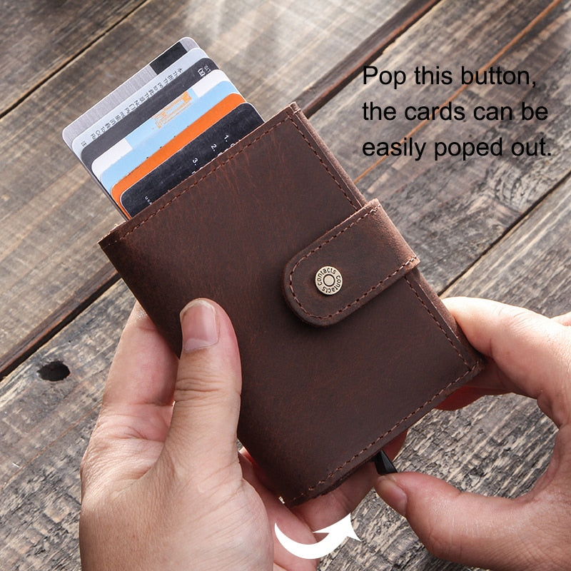 CONTACT'S Crazy Horse Leather Card Holder Wallet Men Automatic Pop Up ID Card Case Male Coin Purse Aluminium Box RFID Blocking