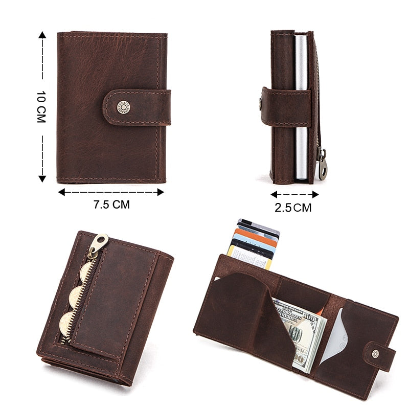 CONTACT'S Crazy Horse Leather Card Holder Wallet Men Automatic Pop Up ID Card Case Male Coin Purse Aluminium Box RFID Blocking
