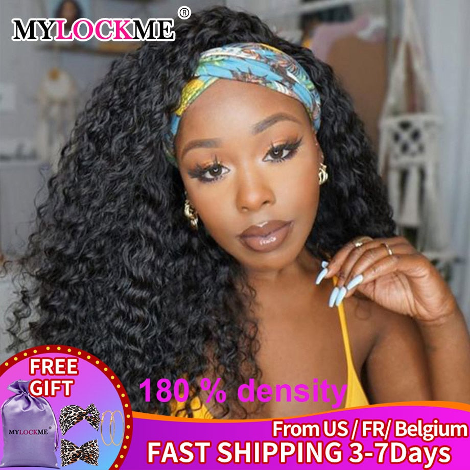 Headband Wig Human Hair Kinky Curly MYLOCKME Glueless Full Machine Made Brazilian Remy Human Hair Wigs For Women 180% Density