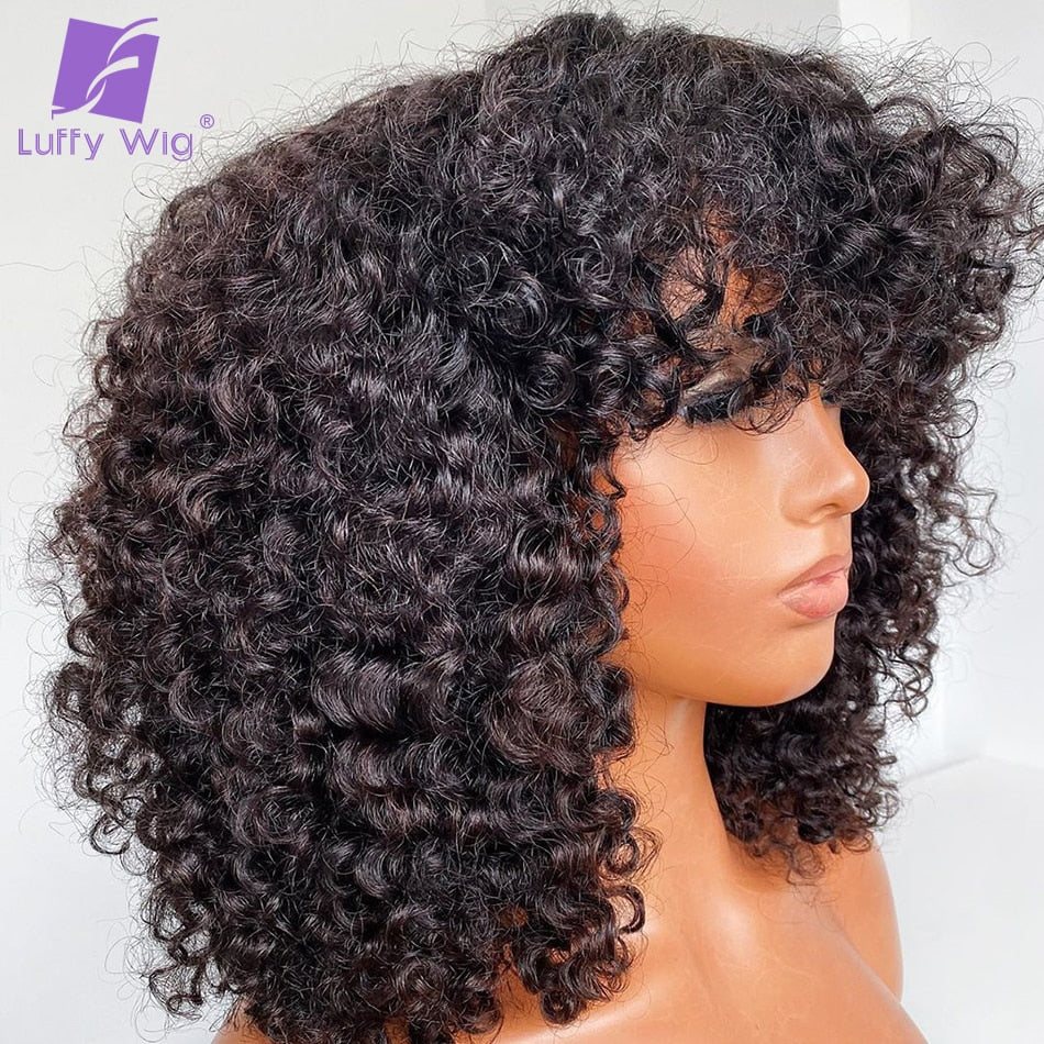 200 Density Human Hair Wigs With Bangs Short Brazilian Remy Afro Kinky Curly Wig Human Hair Glueless For Black Women Luffy