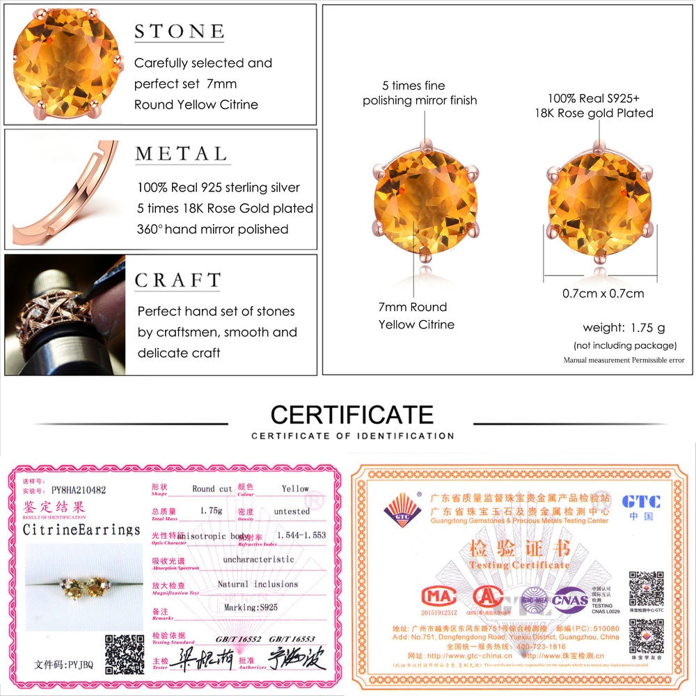 LAMOON 925 Sterling Silver Earrings For Women Citrine Gemstone Minimalist Earrings Rose Gold Plated Fine Jewelry LMEI027