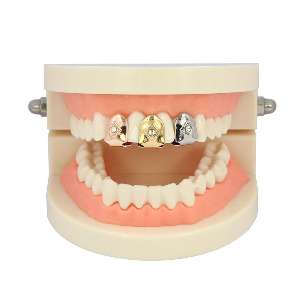 TOPGRILLZ Golden Color Plated Grillz Cap Gold Tone Single TopWith CZ Stone Teeth Grills Hip Hop Tooth Grill