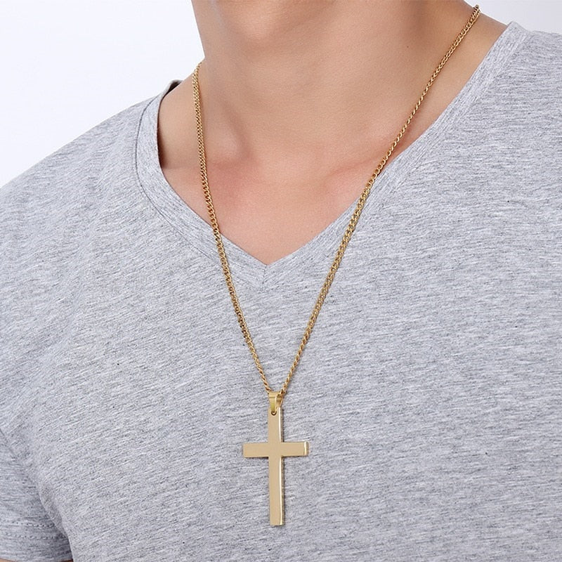 Vnox 24" Men's Stainless Steel Cuban Chain Necklace Simple Cross Gold-Color/Black/Silver Color Pendant
