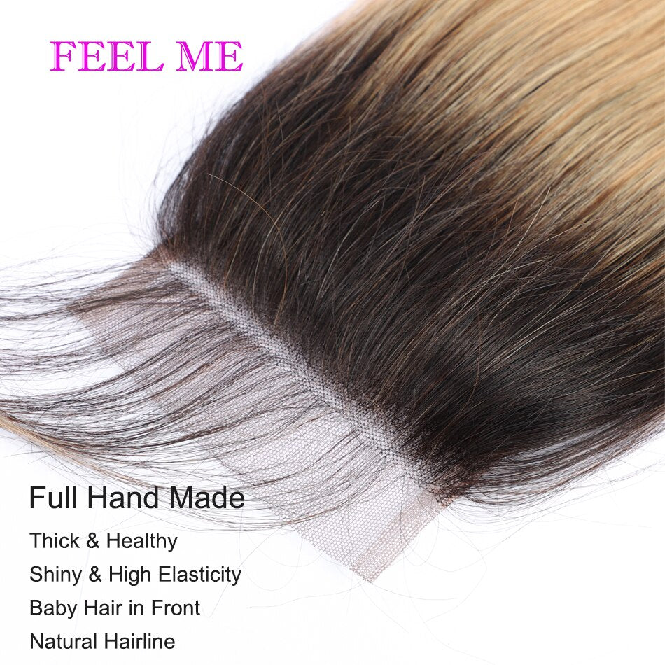 FeelMe 3/4PCS Ombre Bundles With Closure Brazilian Straight Human Hair Bundles With Closure T1b/27 Remy Hair Weave Extensions