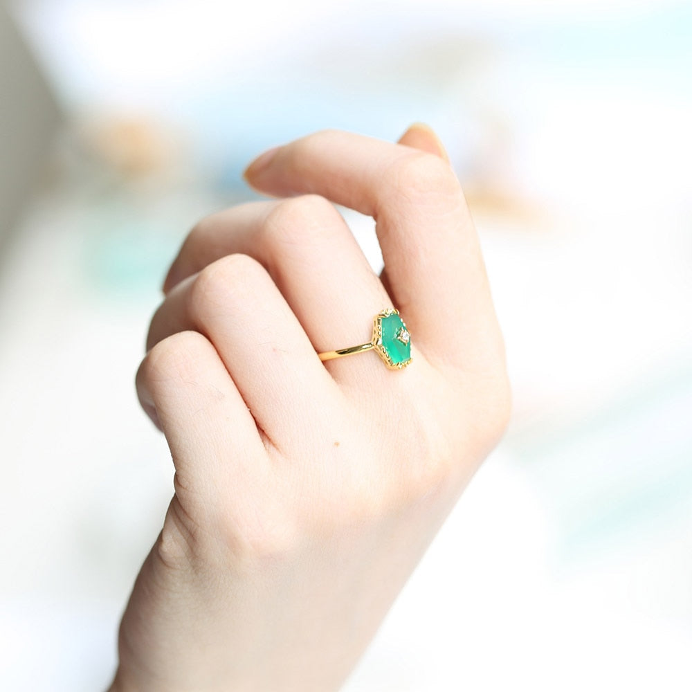 LAMOON 925 Sterling Silver Ring For Women Elegant Vintage Rhombus Green Chalcedony 14K Gold Plated Fine Jewelry LMRI088