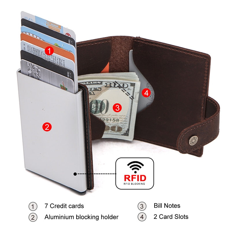 CONTACT'S Crazy Horse Leather Card Holder Wallet Men Automatic Pop Up ID Card Case Male Coin Purse Aluminium Box RFID Blocking