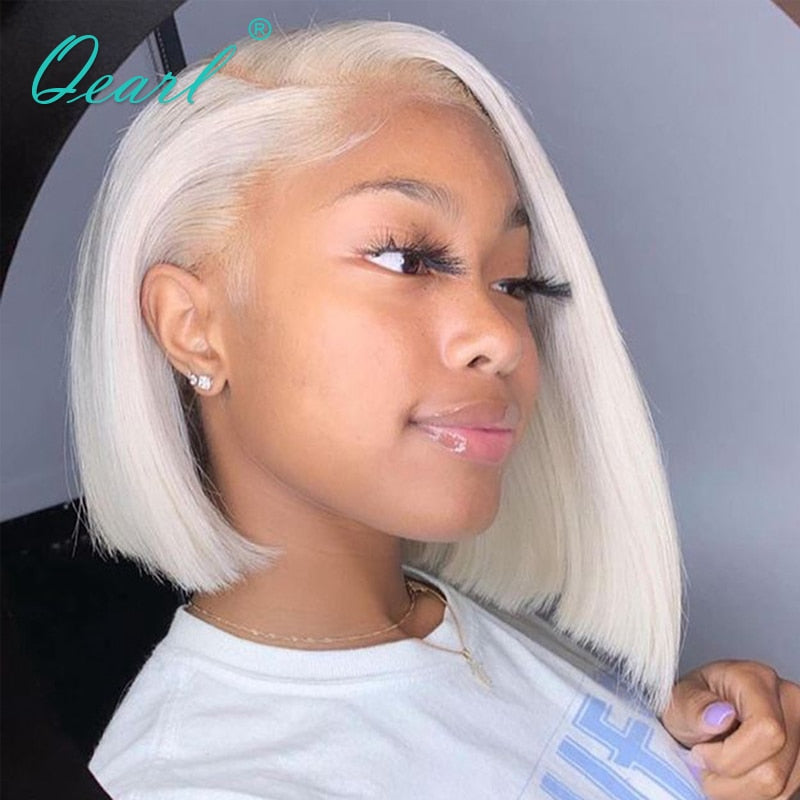 Short Bob Straight Human Hair Wig White Blonde Lace Frontal Wig for Women Ash Colored Virgin Hair 150% Lace Front Wig 13x1 Qearl