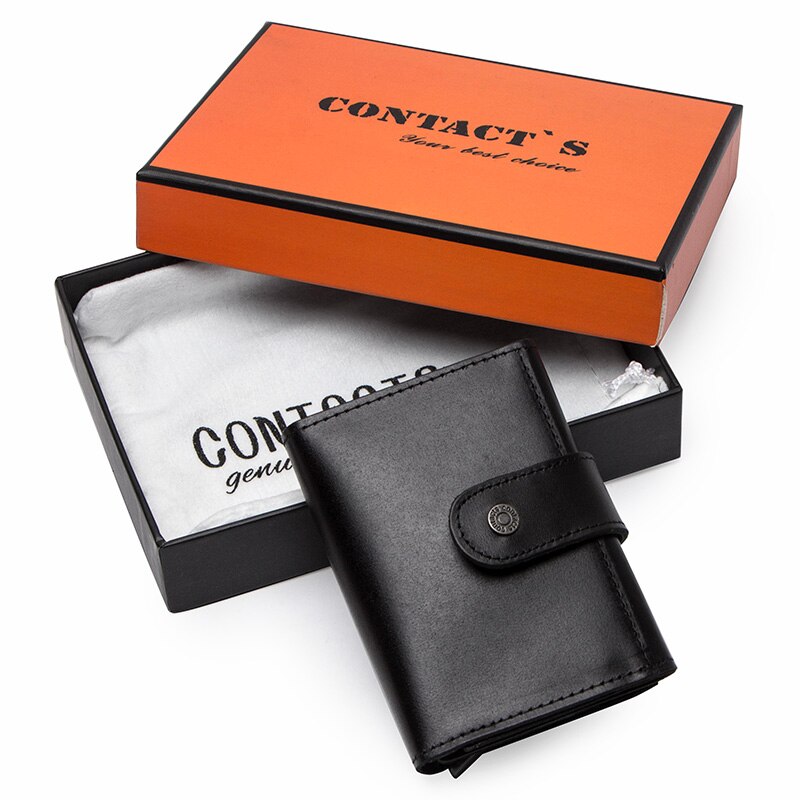 CONTACT'S Crazy Horse Leather Card Holder Wallet Men Automatic Pop Up ID Card Case Male Coin Purse Aluminium Box RFID Blocking