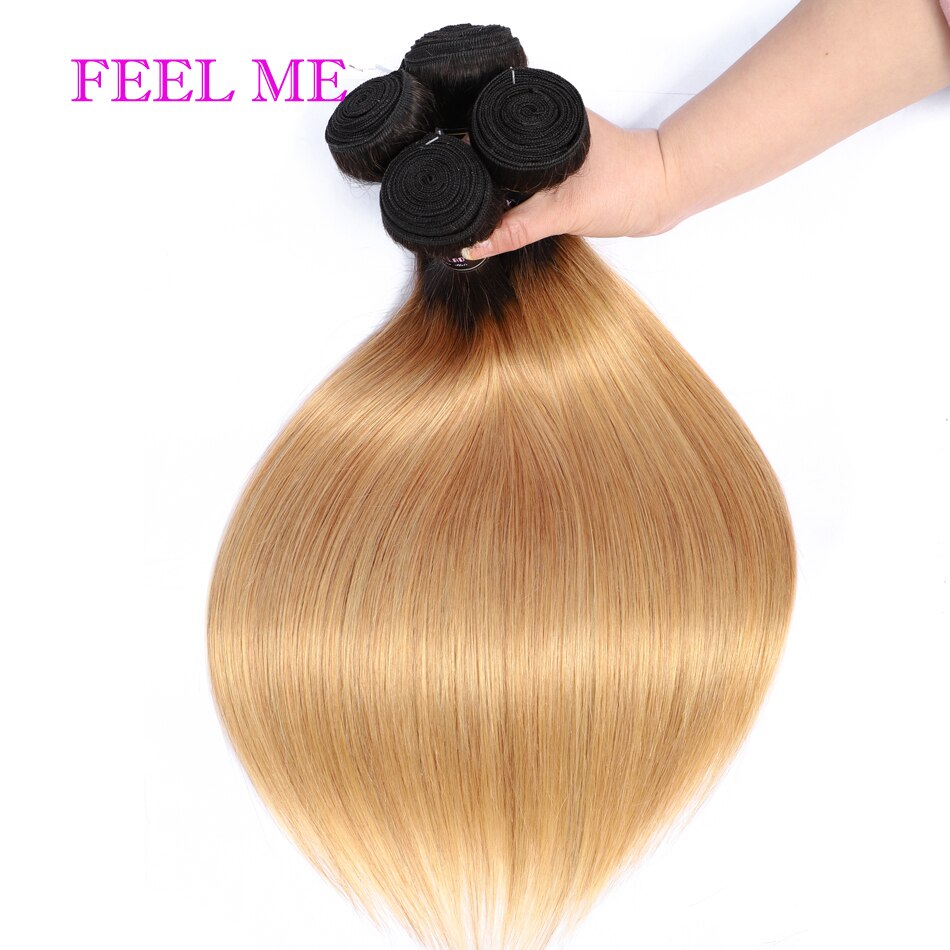 FeelMe 3/4PCS Ombre Bundles With Closure Brazilian Straight Human Hair Bundles With Closure T1b/27 Remy Hair Weave Extensions