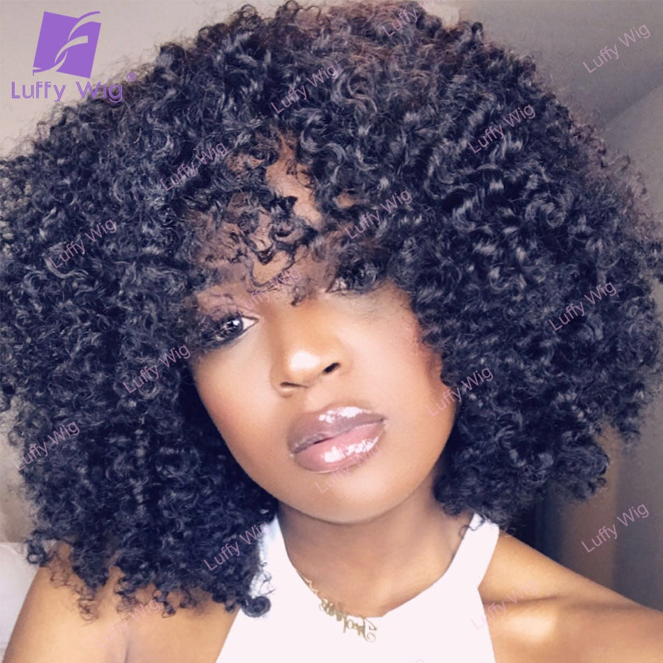 200 Density Human Hair Wigs With Bangs Short Brazilian Remy Afro Kinky Curly Wig Human Hair Glueless For Black Women Luffy