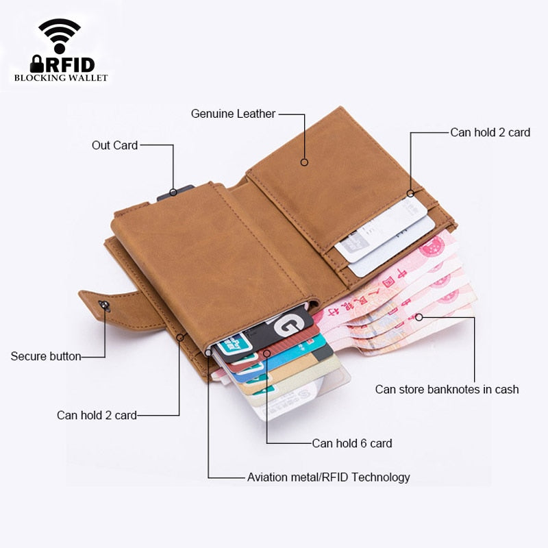 DIENQI Credit Card Holder Men Women Metal RFID Anti-magnetic Vintage Aluminium Crazy Horse PU Leather Card Wallet Coin Purses