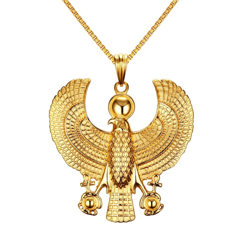 Egyptian Horus Bird Falcon Holding Ankh Men Necklaces Pendant Gold Color Steel Hiphop Jewelry 24"Chain