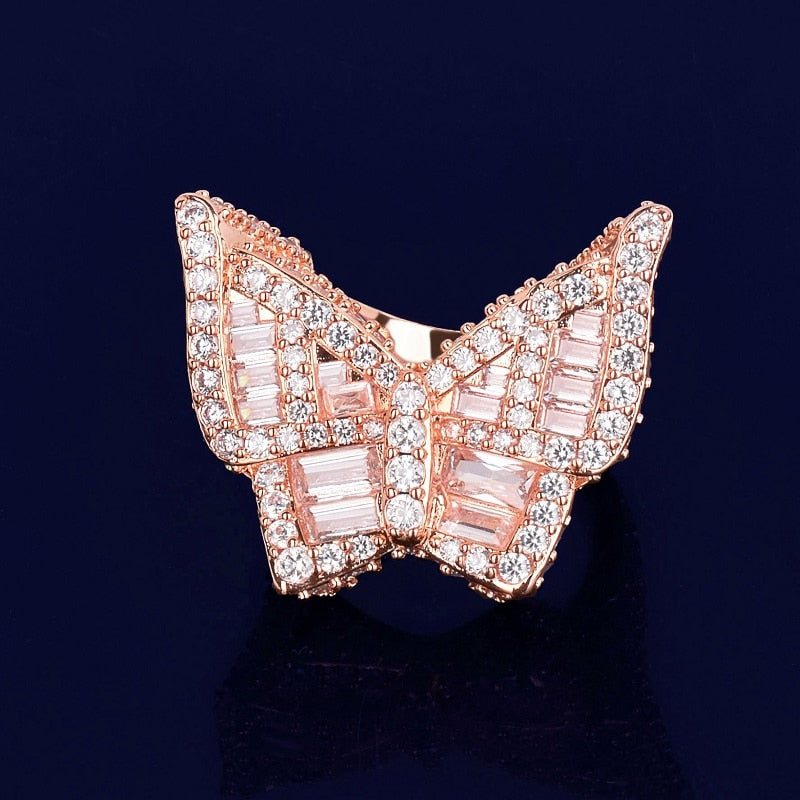 Bubble Letter Butterfly Rings for Women Iced Out Real Gold Plated Hip Hop Jewelry 2022 Trend