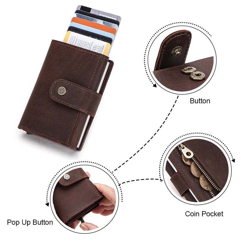 CONTACT'S Crazy Horse Leather Card Holder Wallet Men Automatic Pop Up ID Card Case Male Coin Purse Aluminium Box RFID Blocking