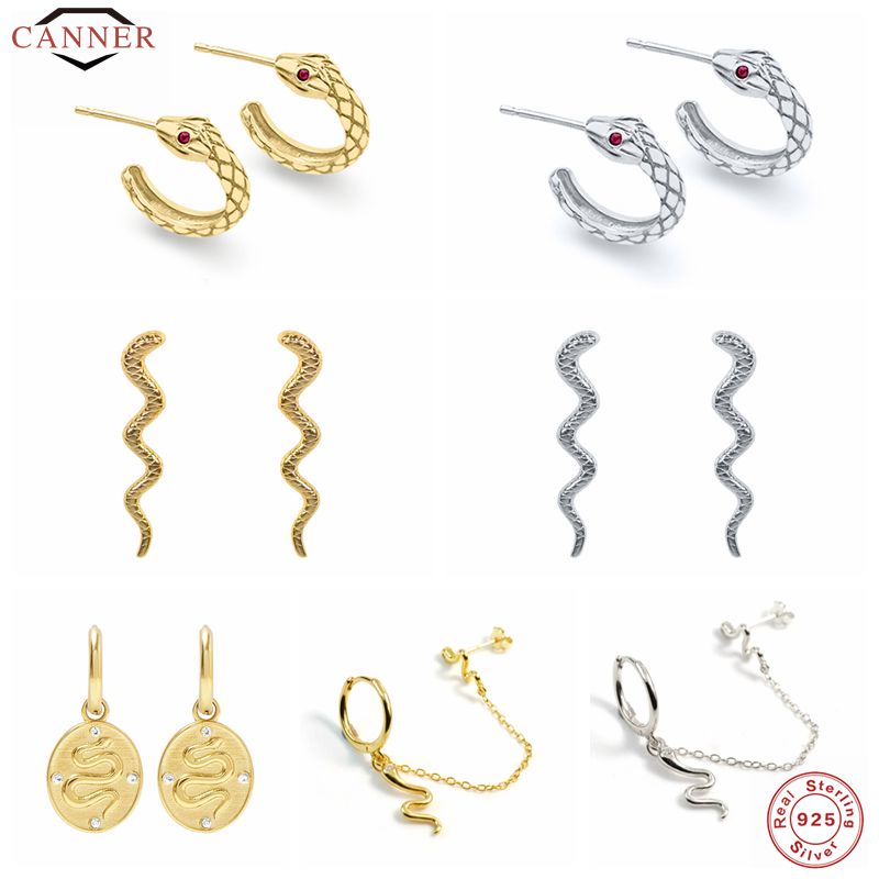 CANNER Real 925 Sterling Silver 18K Gold Plated Snake Stud Earrings For Women Small Piercing Earring Earings Jewelry Pendientes