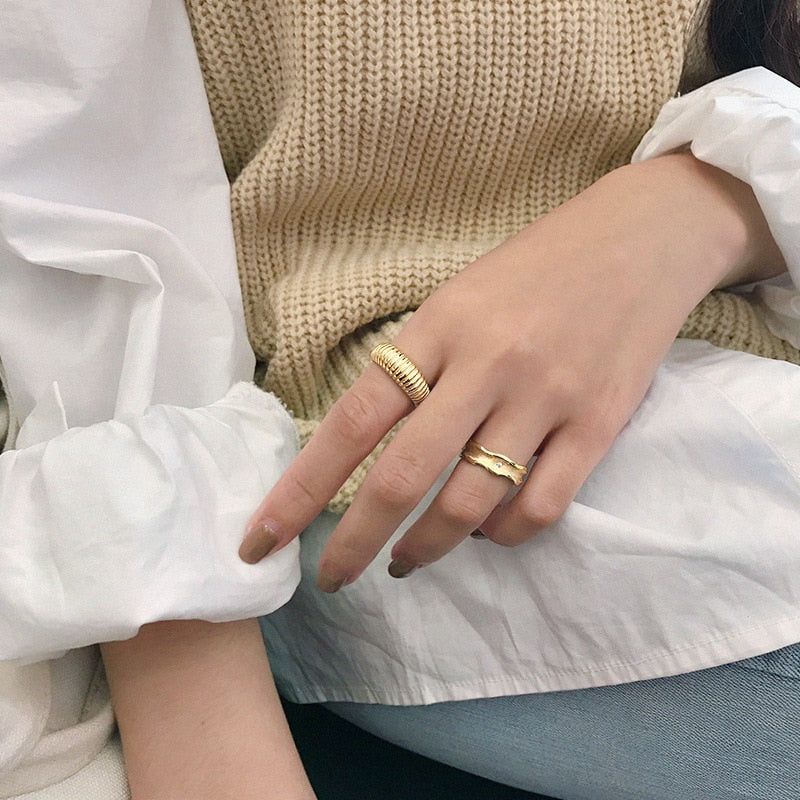 XIYANIKE Silver Color Party Rings for Women France Simple Gold Plated Wave Pattern Creative Design Bride Jewelry Gifts