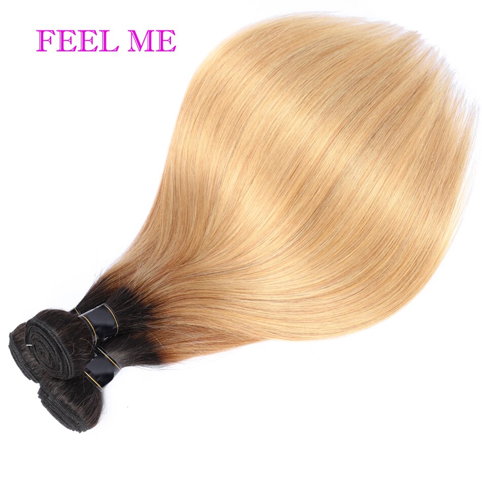 FeelMe 3/4PCS Ombre Bundles With Closure Brazilian Straight Human Hair Bundles With Closure T1b/27 Remy Hair Weave Extensions