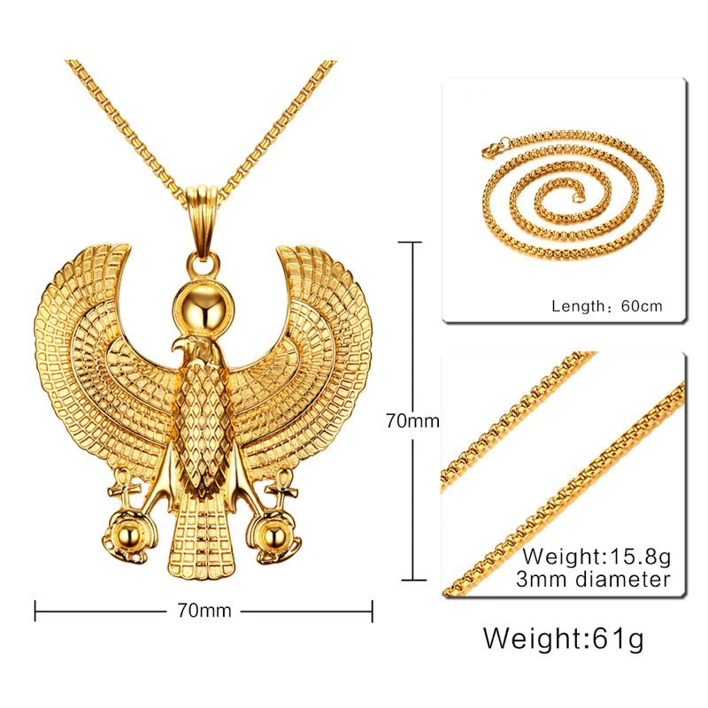 Egyptian Horus Bird Falcon Holding Ankh Men Necklaces Pendant Gold Color Steel Hiphop Jewelry 24"Chain