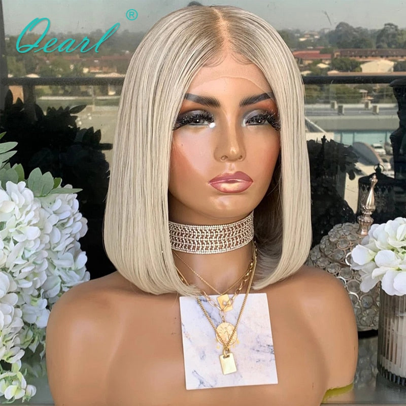 Ashy Grey Blonde Human Hair Lace Front Wig Short Bob Straight HD Lace Frontal Wigs Platinum White Highlights Glueless 13x1 Qearl