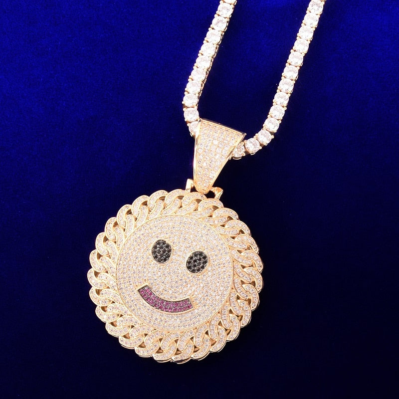 Smile Face Hip Hop Pendant Gold Color Plated Cubic Zircon Men's Necklace Rock Jewelry