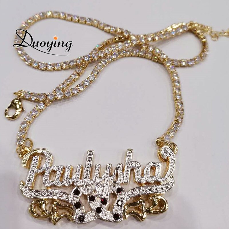 DUOYING Zircon Custom Necklace Double Gold plated Nameplate 3D Necklace Personalized Necklaces Choker Women Name Necklace Gift