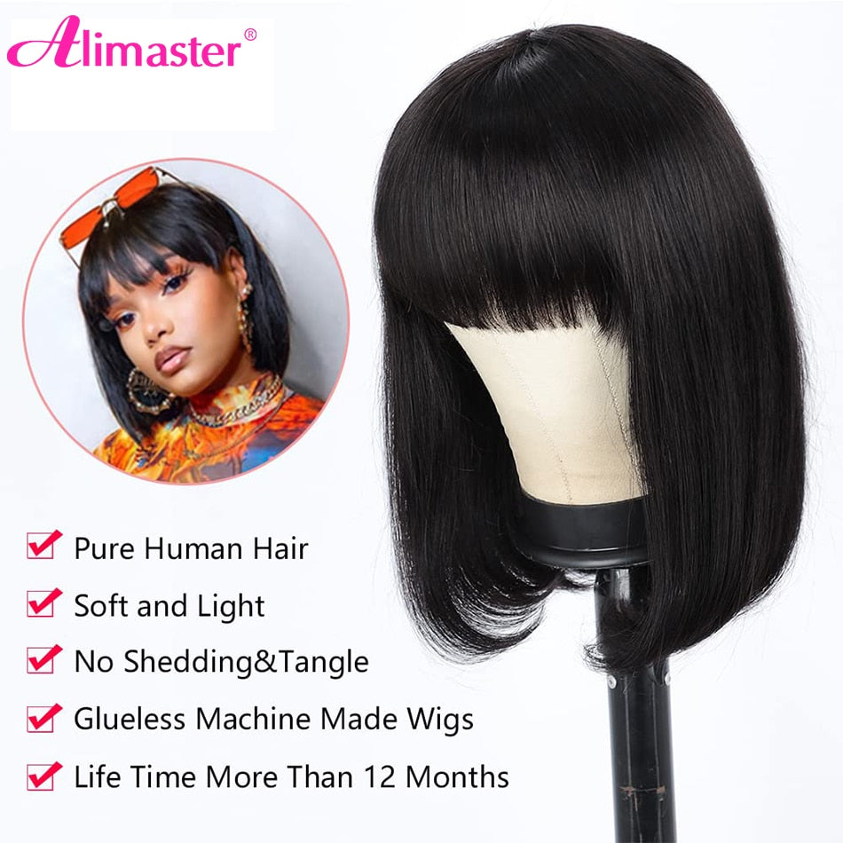 Straight Human Hair Wigs For Women Human Hair Straight Bob Wig With Bangs Bone No Lace Full Machine Made Wigs Fringe Wig