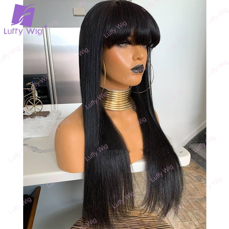 200% Density Straight Human Hair 4x4 Lace Closure Wigs With Bangs Brazilian Remy Hair Machine Wig Scalp Top For Women LUFFY