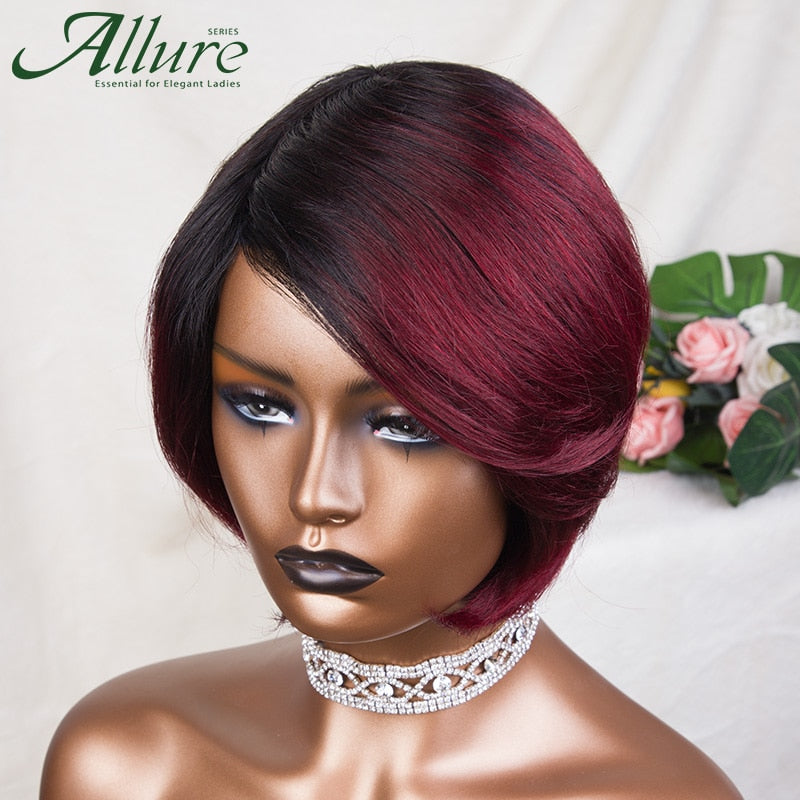 Ombre Burgundy Short Bob Wig With Bangs Side Part Bob Human Hair Wigs For Black Women Cheap Colored Brazilian Hair Wigs Allure