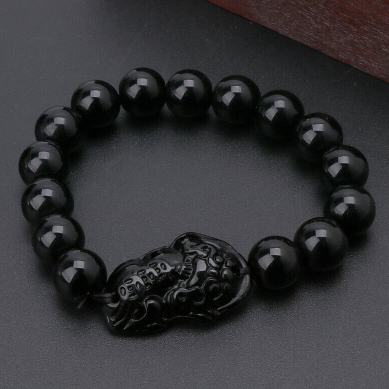 Obsidian Stone Beads Bracelet Pixiu Bring Wealth Good Luck Feng Shui Chinese Beast Wristband Gold Pixiu Men Women Bracelet