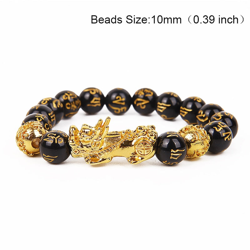 Obsidian Stone Beads Bracelet Pixiu Bring Wealth Good Luck Feng Shui Chinese Beast Wristband Gold Pixiu Men Women Bracelet