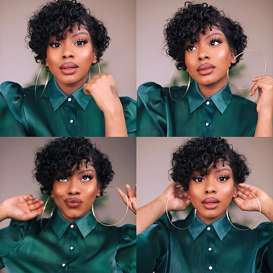 Pixie Cut Wig Human Hair Short Curly Human Hair Wigs For Women Human Hair Cheap Full Machine Wigs Short Curly Bob Wig With Bangs