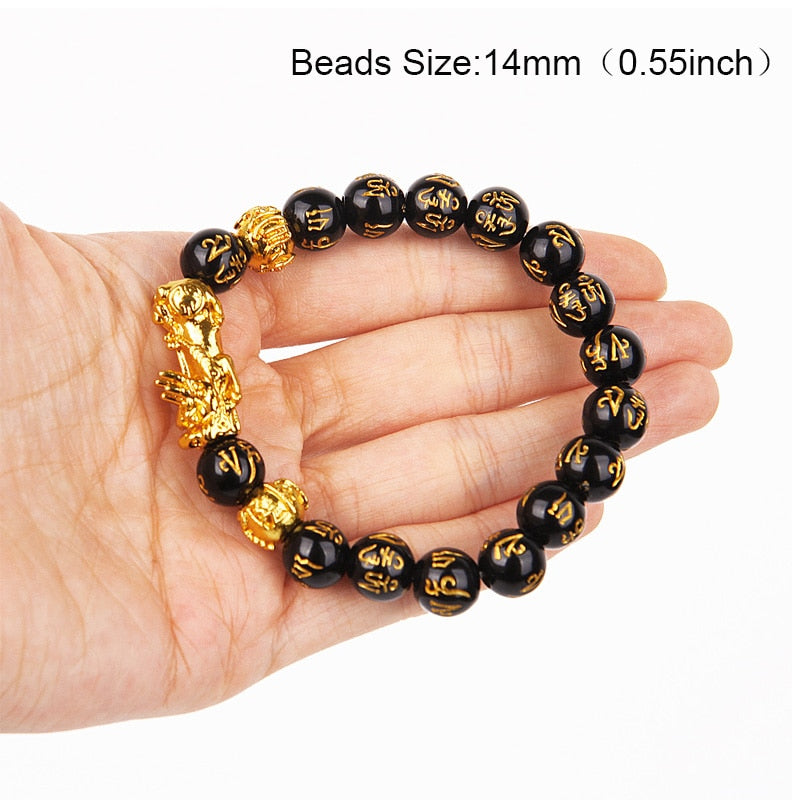 Obsidian Stone Beads Bracelet Pixiu Bring Wealth Good Luck Feng Shui Chinese Beast Wristband Gold Pixiu Men Women Bracelet