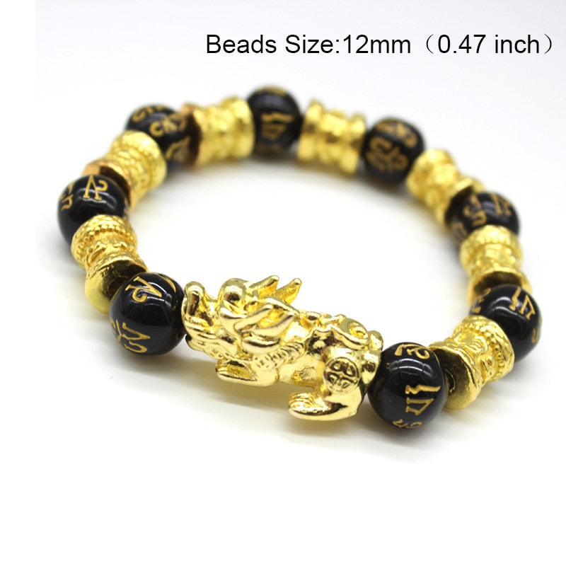 Obsidian Stone Beads Bracelet Pixiu Bring Wealth Good Luck Feng Shui Chinese Beast Wristband Gold Pixiu Men Women Bracelet