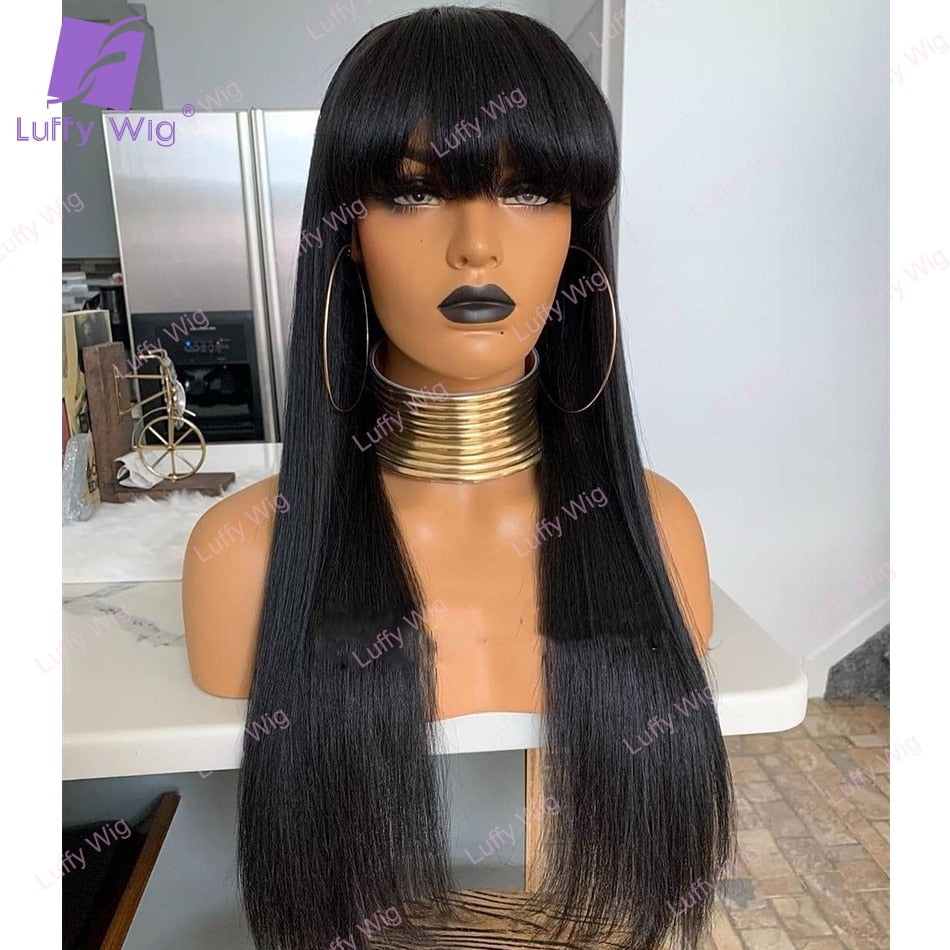 200% Density Straight Human Hair 4x4 Lace Closure Wigs With Bangs Brazilian Remy Hair Machine Wig Scalp Top For Women LUFFY