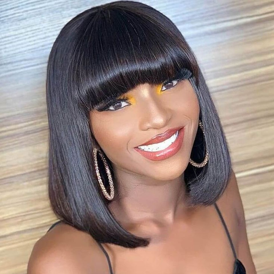 Short Straight Hair Bob Wigs Brazilian Human Hair Wig With Bangs Remy Full Machine Made Wig for Women Non Lace Glueless Bob Wig
