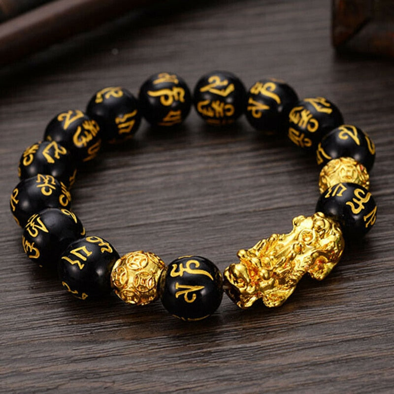 Obsidian Stone Beads Bracelet Pixiu Bring Wealth Good Luck Feng Shui Chinese Beast Wristband Gold Pixiu Men Women Bracelet