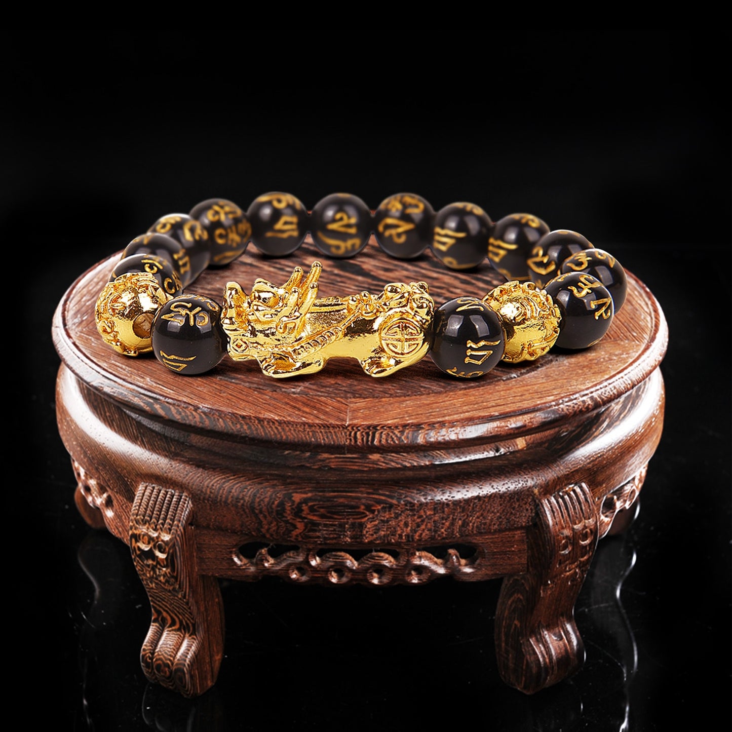 Obsidian Stone Beads Bracelet Pixiu Bring Wealth Good Luck Feng Shui Chinese Beast Wristband Gold Pixiu Men Women Bracelet