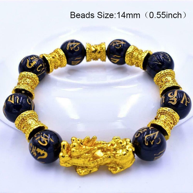 Obsidian Stone Beads Bracelet Pixiu Bring Wealth Good Luck Feng Shui Chinese Beast Wristband Gold Pixiu Men Women Bracelet